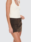 THRILLS ARDEN BUCKLE FLOCKED DENIM MINI SKIRT - DARK CHOCOLATE