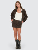THRILLS ARDEN BUCKLE FLOCKED DENIM MINI SKIRT - DARK CHOCOLATE