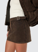 THRILLS ARDEN BUCKLE FLOCKED DENIM MINI SKIRT - DARK CHOCOLATE
