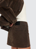 THRILLS ARDEN BUCKLE FLOCKED DENIM MINI SKIRT - DARK CHOCOLATE