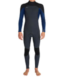Person wearing an oneill hyper fire black and blue wetsuit on a white background
