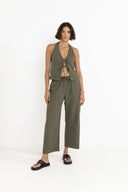 RHYTHM LOUISE CHECK HALTER TOP - OLIVE