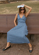 AFENDS MOUNTAINS TULLY SEERSUCKER MAXI DRESS - NAVY RED CHECK